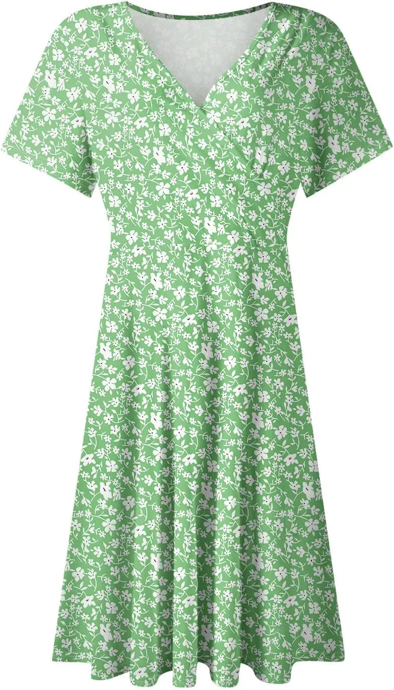 Floral Dress for Women Casual Summer V Neck Short Sleeve Knee Length Wrap Dress Cute Sundresses for Beach Vacation