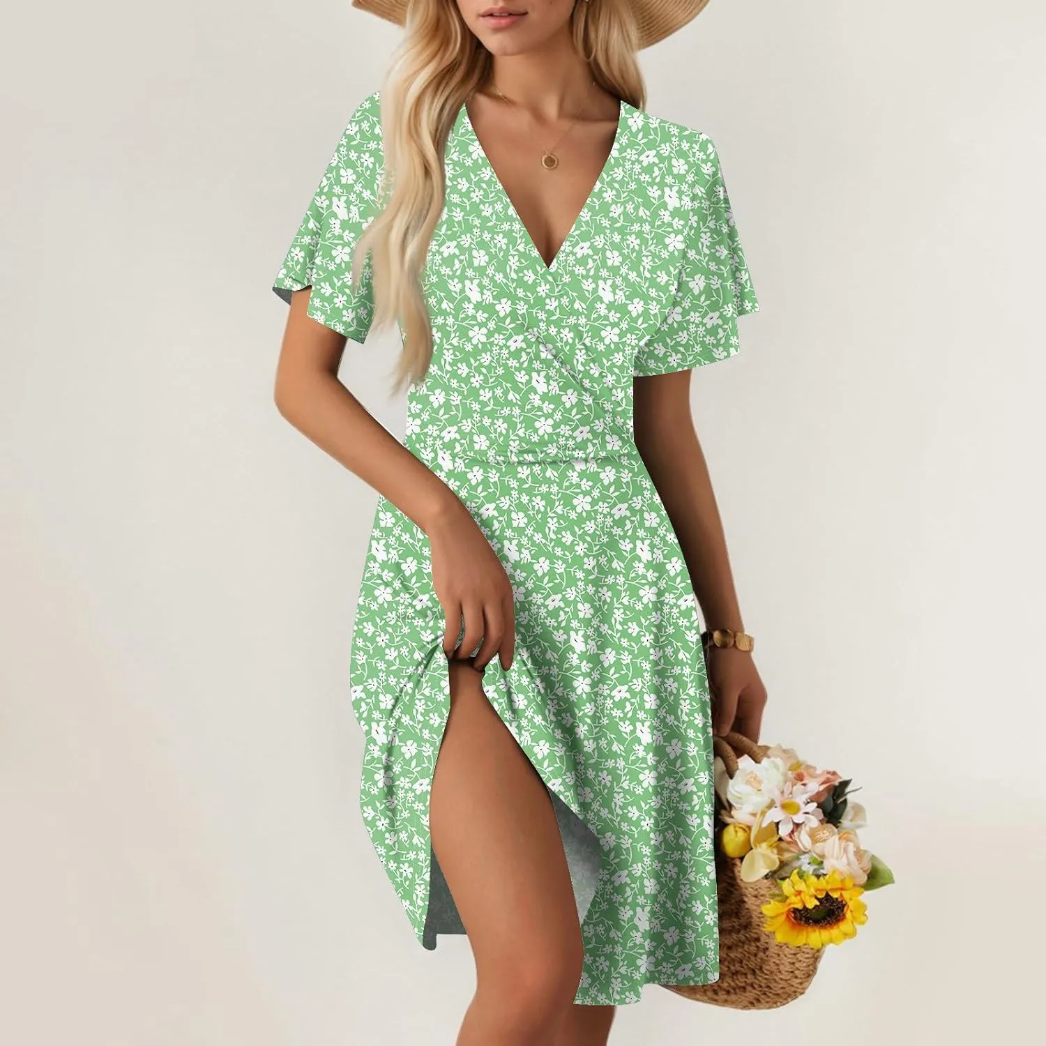 Floral Dress for Women Casual Summer V Neck Short Sleeve Knee Length Wrap Dress Cute Sundresses for Beach Vacation