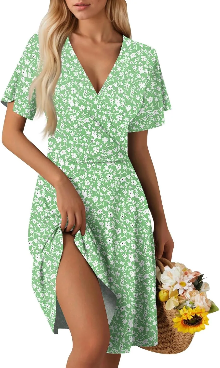 Floral Dress for Women Casual Summer V Neck Short Sleeve Knee Length Wrap Dress Cute Sundresses for Beach Vacation