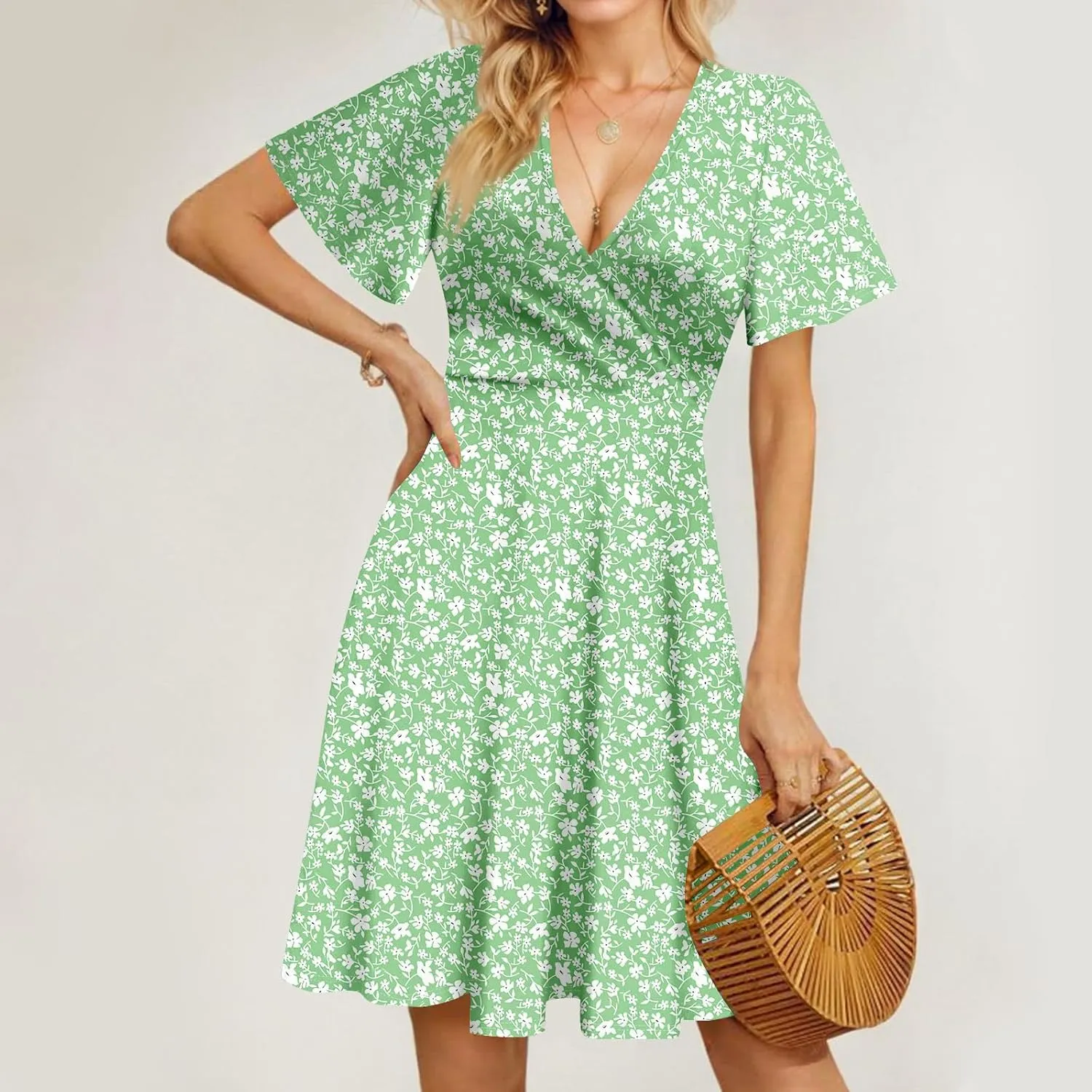 Floral Dress for Women Casual Summer V Neck Short Sleeve Knee Length Wrap Dress Cute Sundresses for Beach Vacation