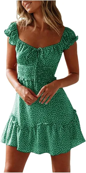 Floral Dress for Women Summer Ruffle Sleeve Sweetheart Neckline Mini Dresses Casual Cute Tie Front Boho Short Dress