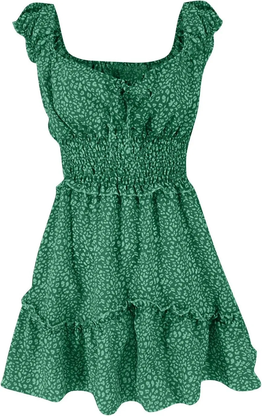 Floral Dress for Women Summer Ruffle Sleeve Sweetheart Neckline Mini Dresses Casual Cute Tie Front Boho Short Dress