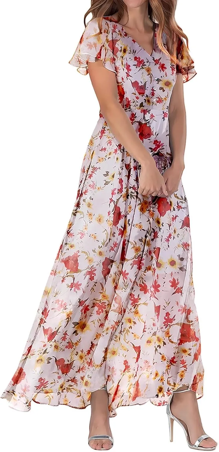 Floral Maxi Dresses for Women 2024 Casual Short Ruffle Sleeve V Neck Boho Dress Ruffle Hem Flowy Dress