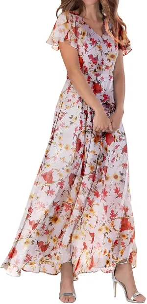 Floral Maxi Dresses for Women 2024 Casual Short Ruffle Sleeve V Neck Boho Dress Ruffle Hem Flowy Dress