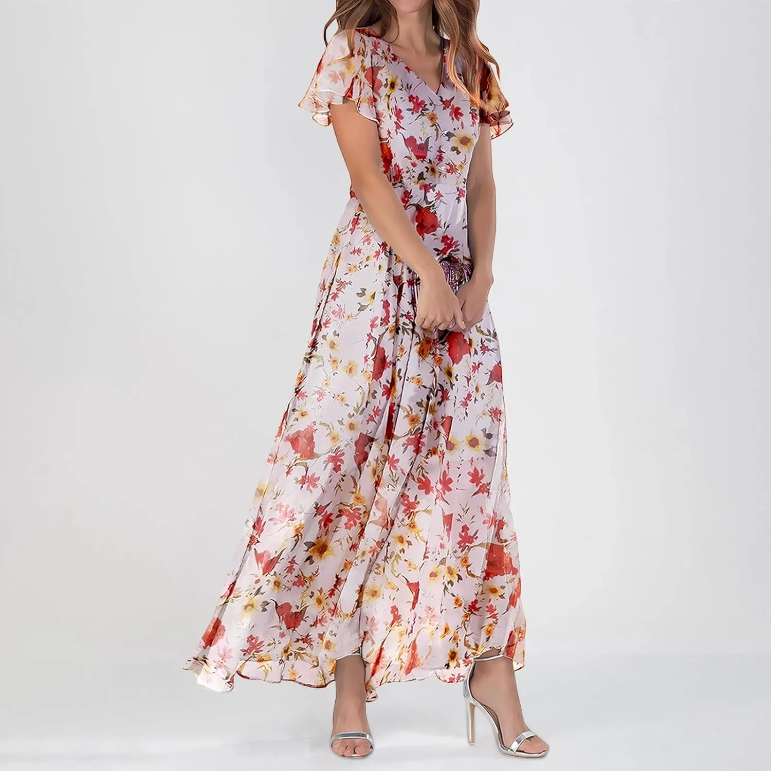 Floral Maxi Dresses for Women 2024 Casual Short Ruffle Sleeve V Neck Boho Dress Ruffle Hem Flowy Dress