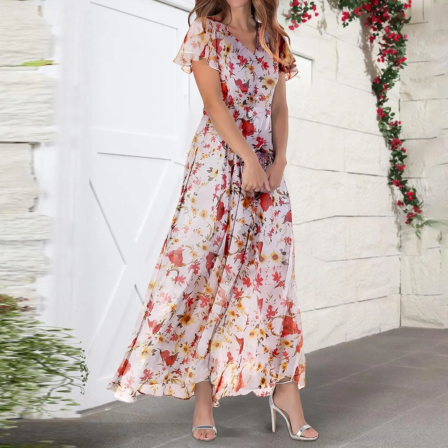 Floral Maxi Dresses for Women 2024 Casual Short Ruffle Sleeve V Neck Boho Dress Ruffle Hem Flowy Dress