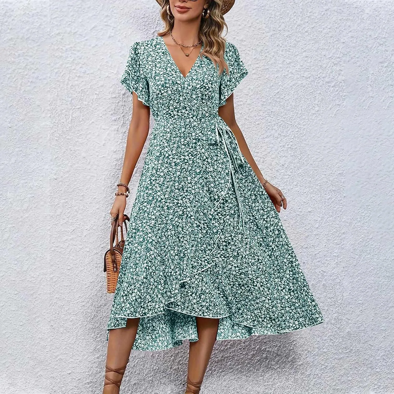 Floral Midi Dress for Women Summer V Neck Flutter Sleeve Empire Waist Belted Ruffle Midi Dress for Wedding Guest