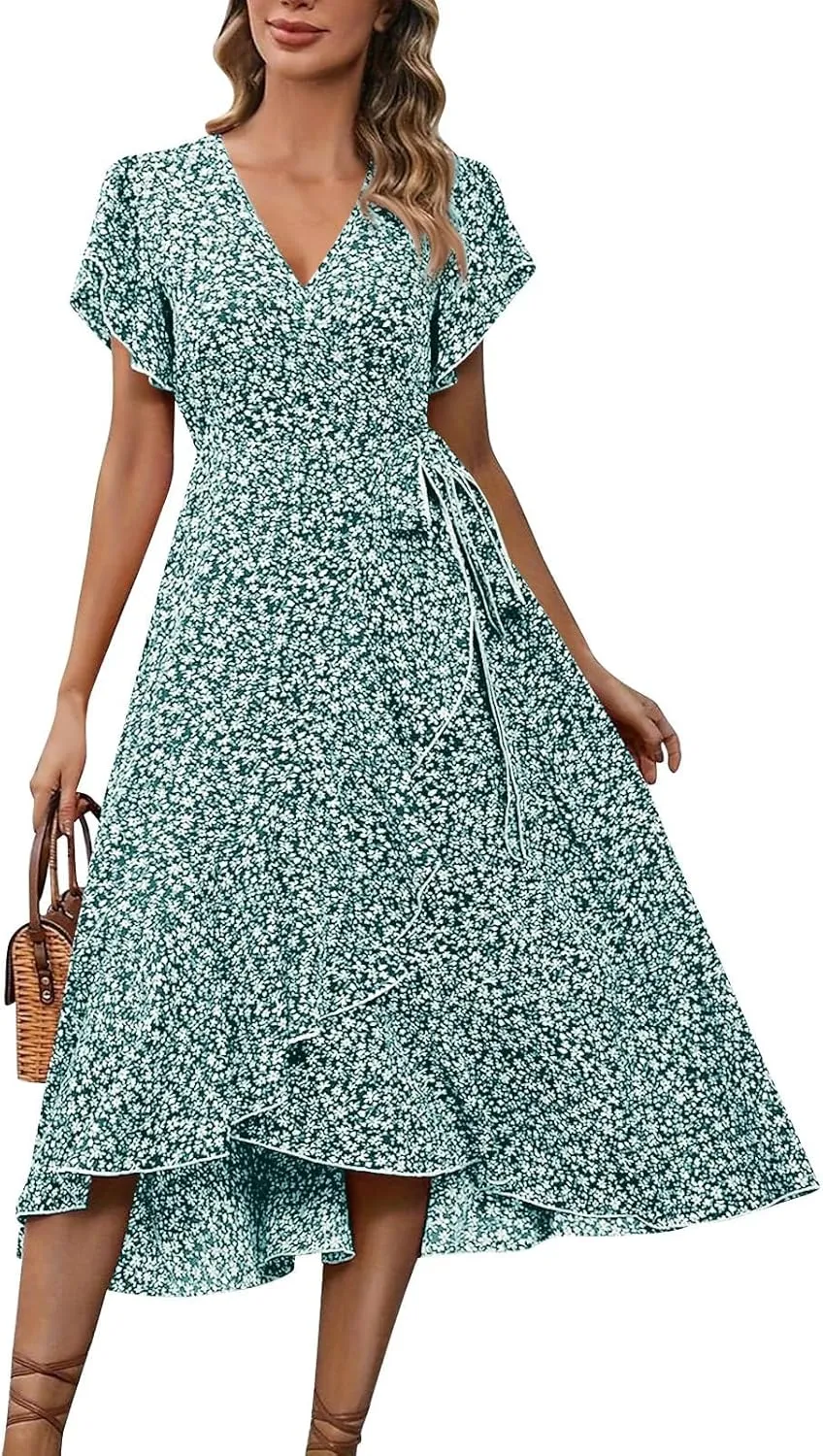 Floral Midi Dress for Women Summer V Neck Flutter Sleeve Empire Waist Belted Ruffle Midi Dress for Wedding Guest