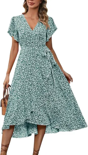 Floral Midi Dress for Women Summer V Neck Flutter Sleeve Empire Waist Belted Ruffle Midi Dress for Wedding Guest