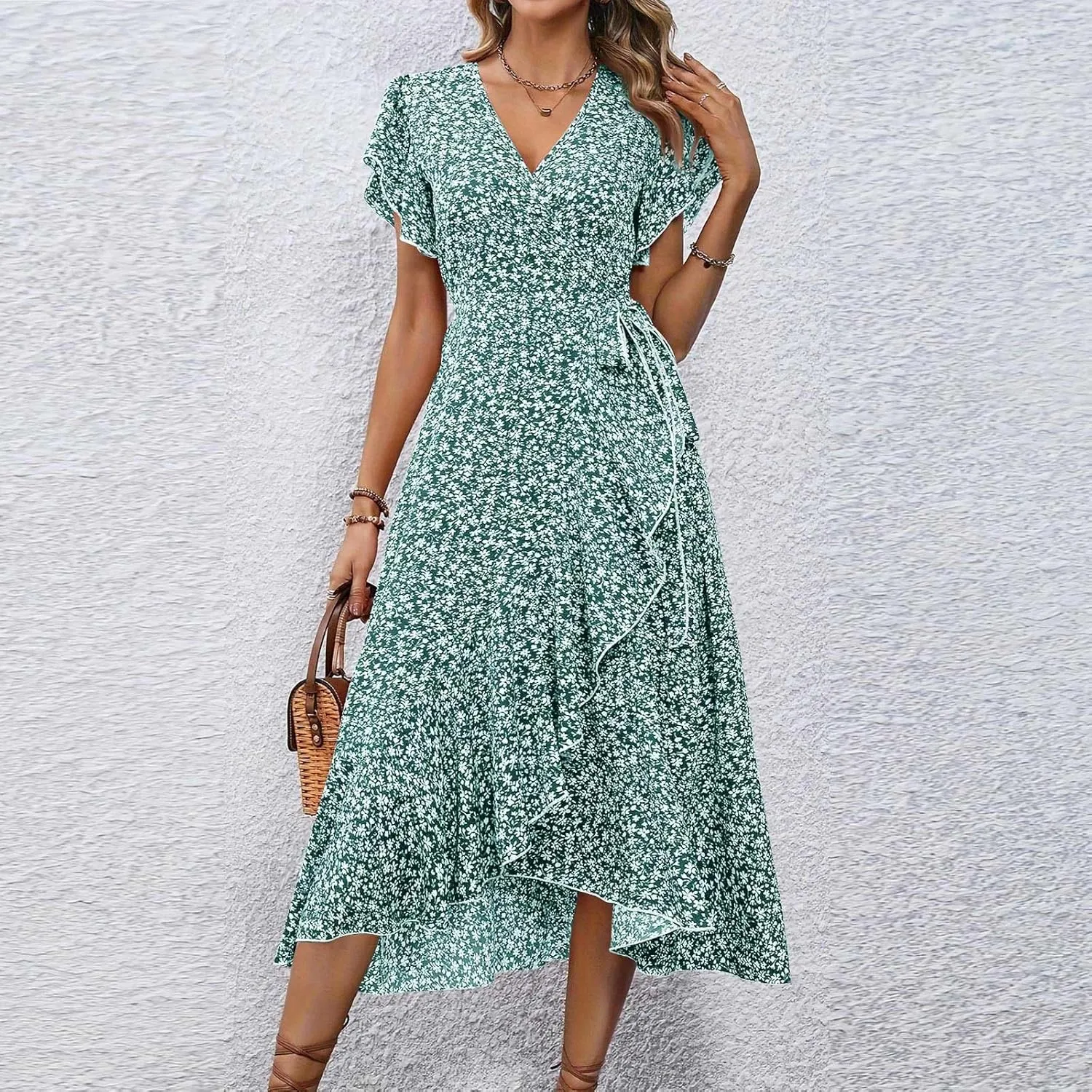 Floral Midi Dress for Women Summer V Neck Flutter Sleeve Empire Waist Belted Ruffle Midi Dress for Wedding Guest