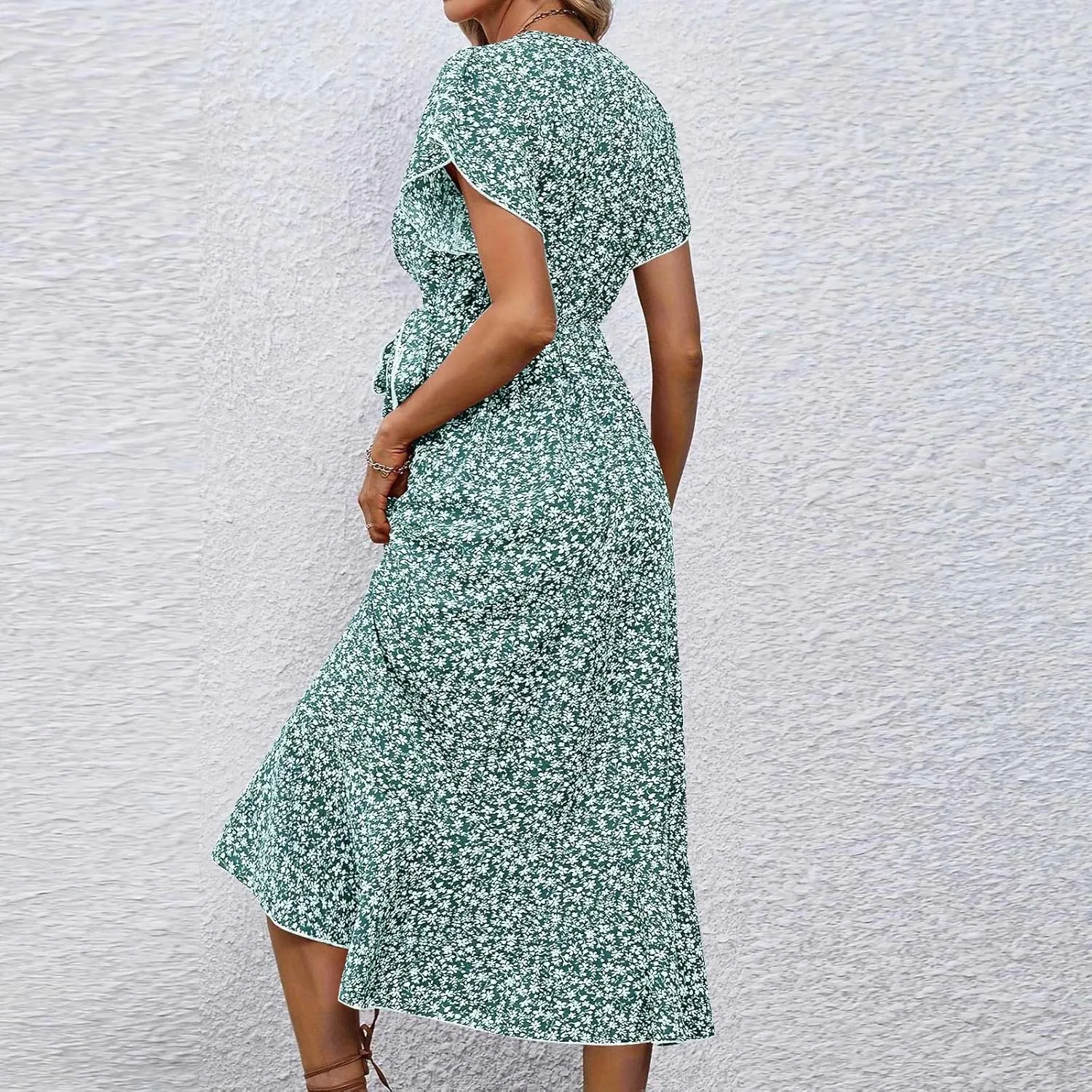 Floral Midi Dress for Women Summer V Neck Flutter Sleeve Empire Waist Belted Ruffle Midi Dress for Wedding Guest