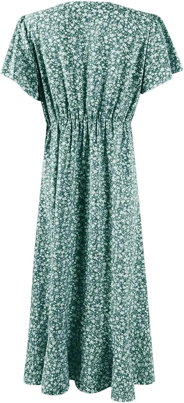 Floral Midi Dress for Women Summer V Neck Flutter Sleeve Empire Waist Belted Ruffle Midi Dress for Wedding Guest