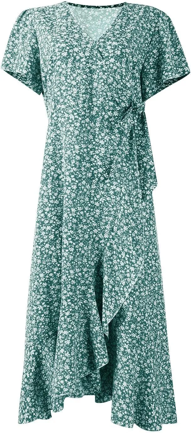 Floral Midi Dress for Women Summer V Neck Flutter Sleeve Empire Waist Belted Ruffle Midi Dress for Wedding Guest