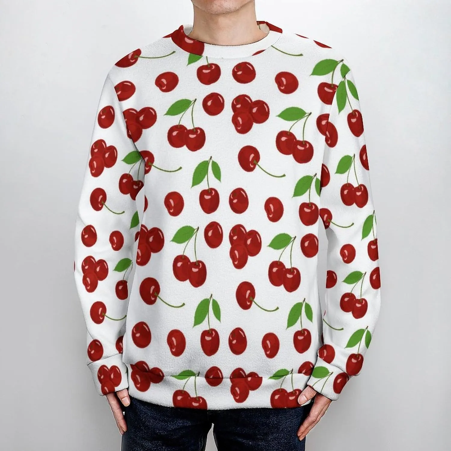 Fresh Cherries Crew Neck Sweater Oversized Long Sleeve Pure Cotton Casual Knit Pullover Sweatshirt
