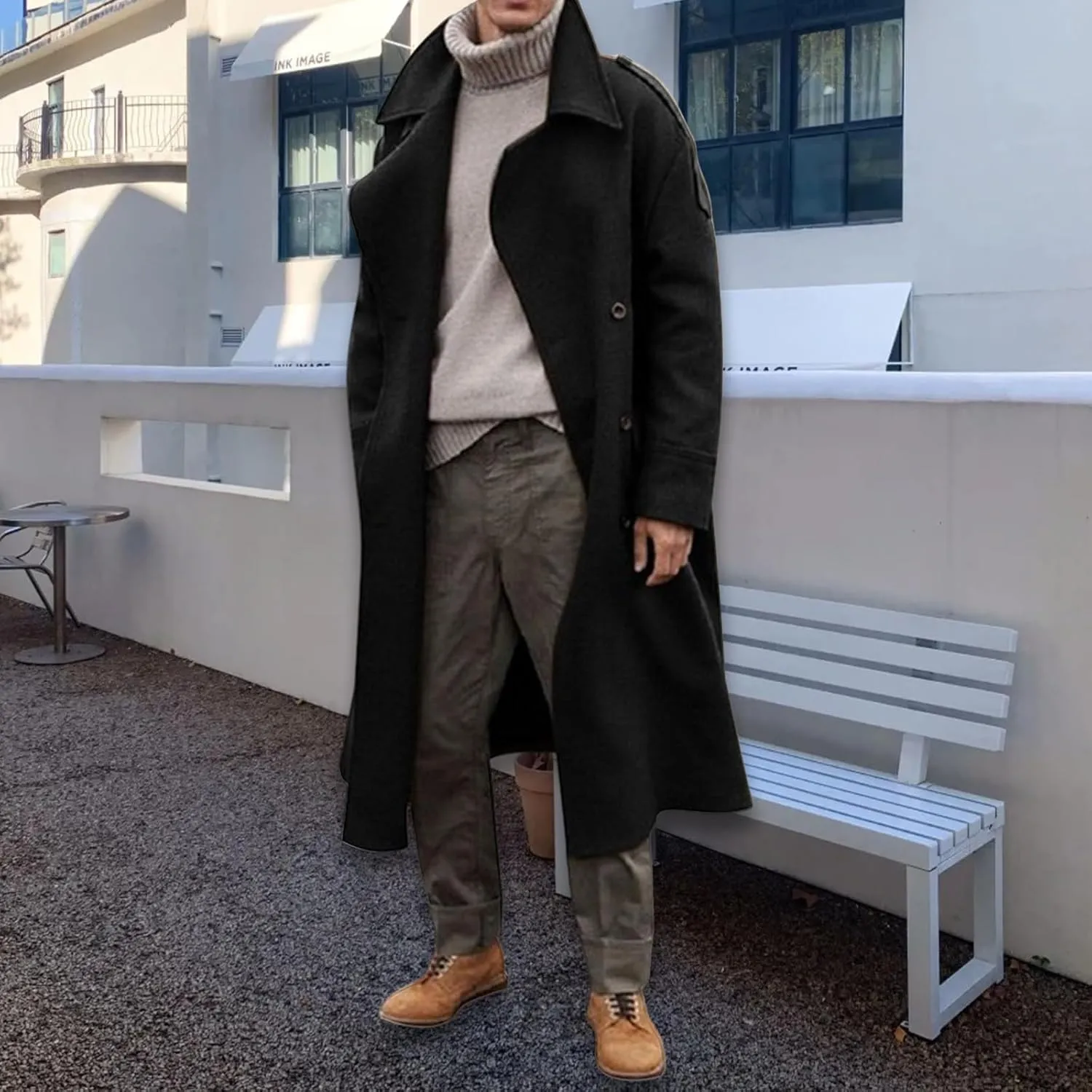 Full Length Trench Coat Men Wool Coat Single Breasted Pea Coat Warm Soft Overcoat Fall Winter Long Jacket for Casual