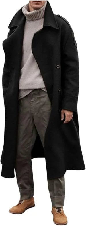 Full Length Trench Coat Men Wool Coat Single Breasted Pea Coat Warm Soft Overcoat Fall Winter Long Jacket for Casual