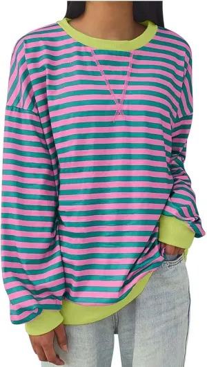 Generic Womens Oversized Striped Crew Neck Sweatshirt Color Block Long Sleeve Shirt Pullover Top Spring Fashion Y2k Clothes