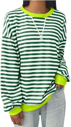 Generic Womens Oversized Striped Crew Neck Sweatshirt Color Block Long Sleeve Shirt Pullover Top Spring Fashion Y2k Clothes