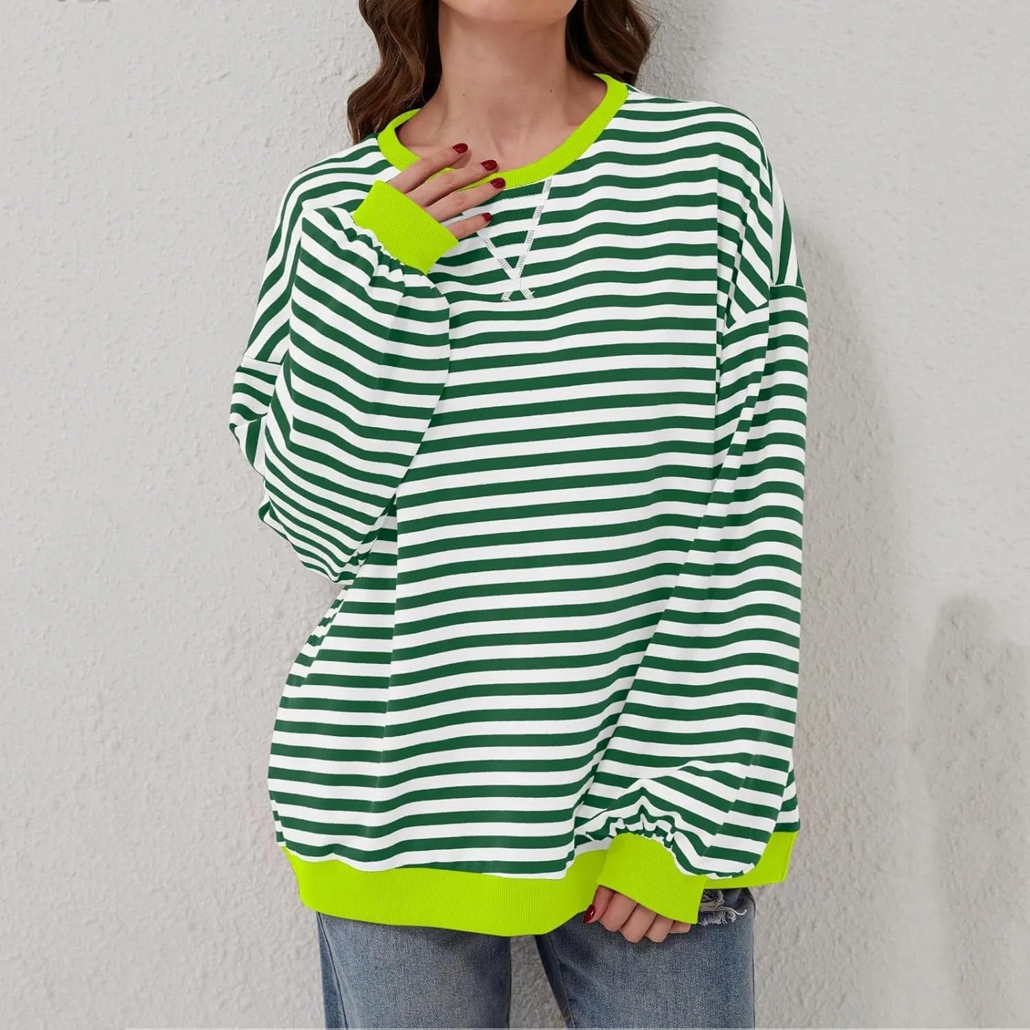 Generic Womens Oversized Striped Crew Neck Sweatshirt Color Block Long Sleeve Shirt Pullover Top Spring Fashion Y2k Clothes