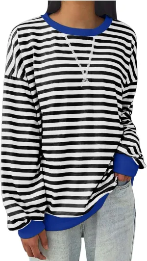 Generic Womens Oversized Striped Crew Neck Sweatshirt Color Block Long Sleeve Shirt Pullover Top Spring Fashion Y2k Clothes