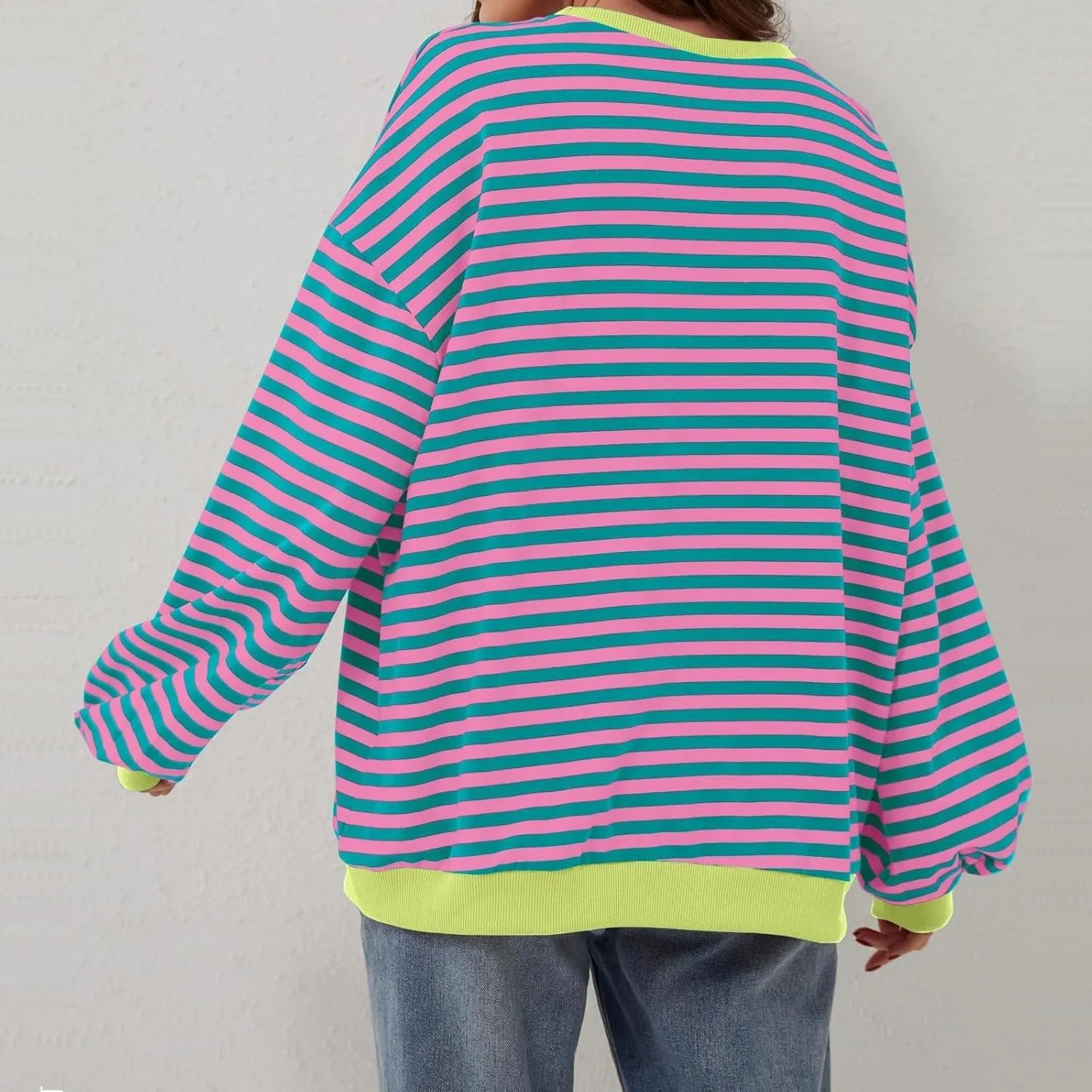 Generic Womens Oversized Striped Crew Neck Sweatshirt Color Block Long Sleeve Shirt Pullover Top Spring Fashion Y2k Clothes