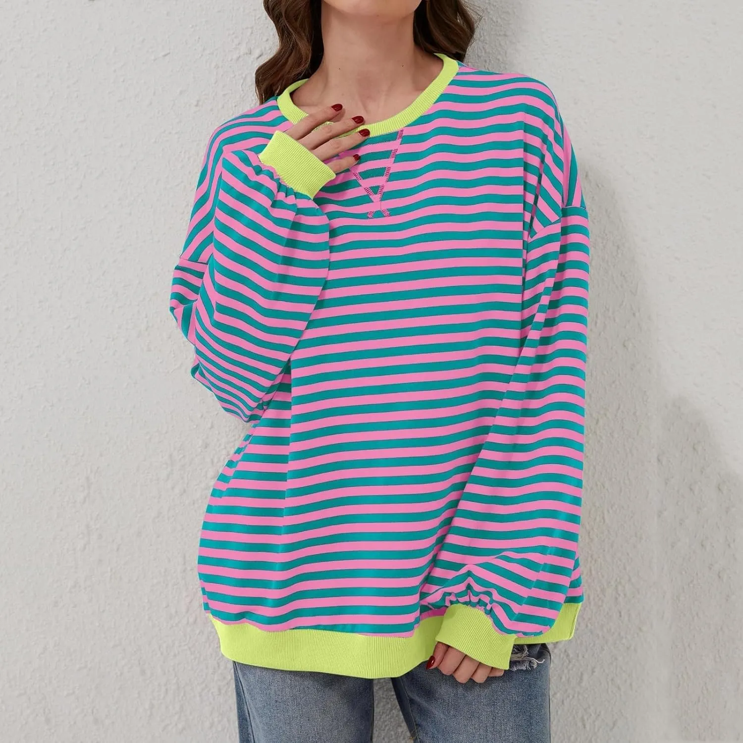 Generic Womens Oversized Striped Crew Neck Sweatshirt Color Block Long Sleeve Shirt Pullover Top Spring Fashion Y2k Clothes