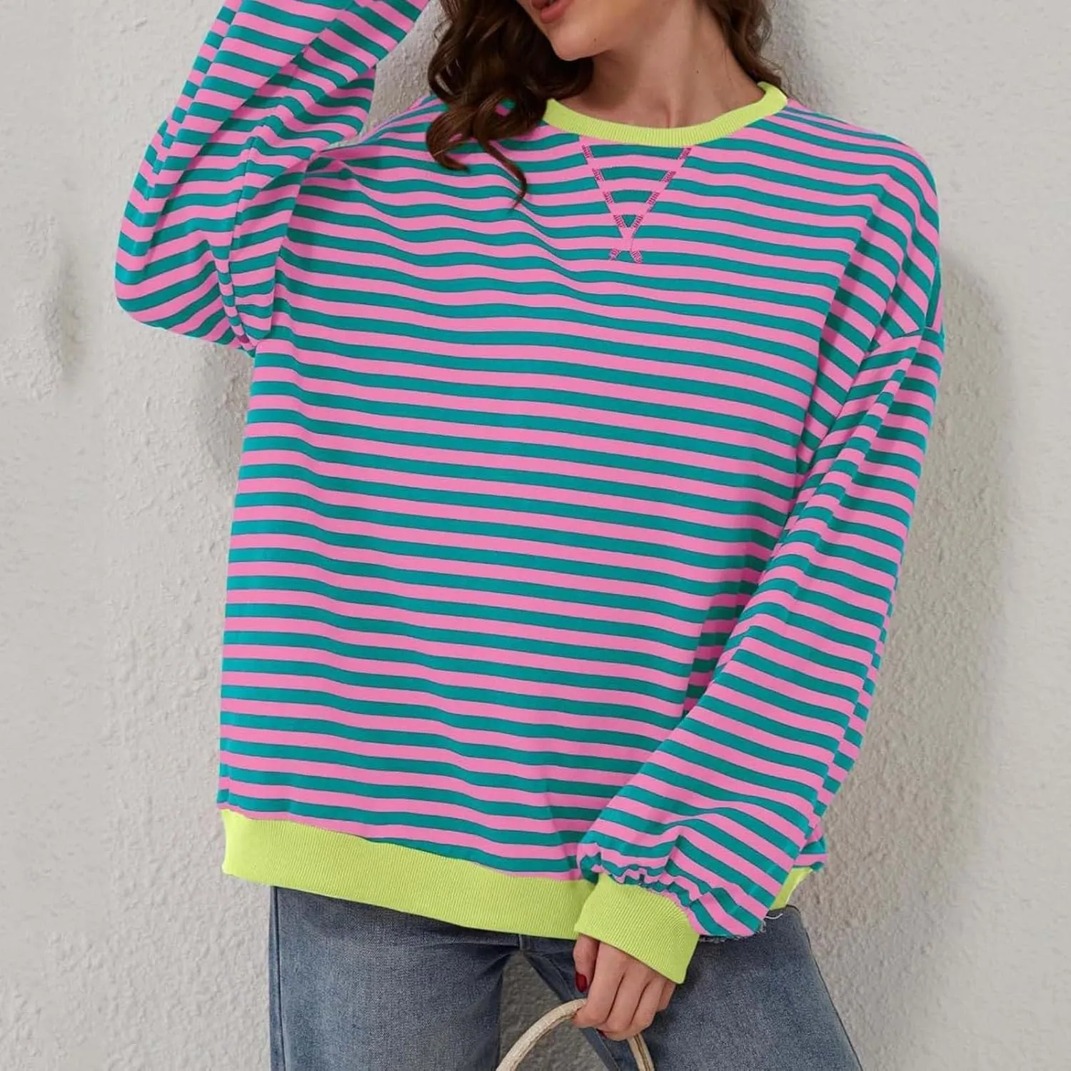 Generic Womens Oversized Striped Crew Neck Sweatshirt Color Block Long Sleeve Shirt Pullover Top Spring Fashion Y2k Clothes