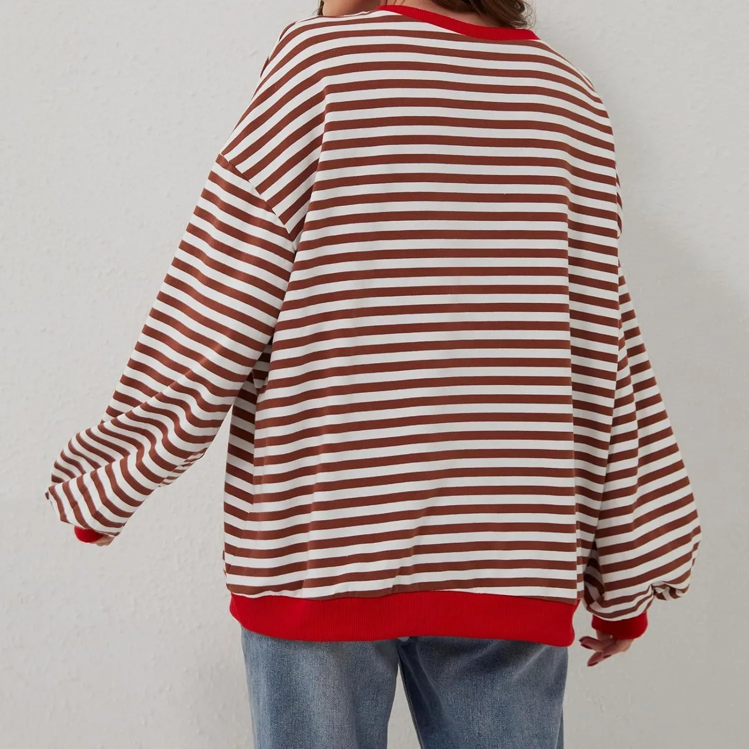 Generic Womens Oversized Striped Crew Neck Sweatshirt Color Block Long Sleeve Shirt Pullover Top Spring Fashion Y2k Clothes