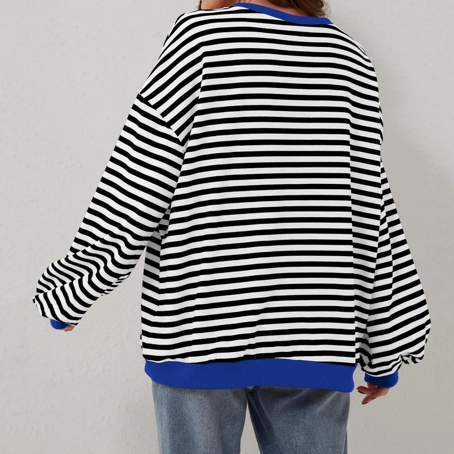 Generic Womens Oversized Striped Crew Neck Sweatshirt Color Block Long Sleeve Shirt Pullover Top Spring Fashion Y2k Clothes