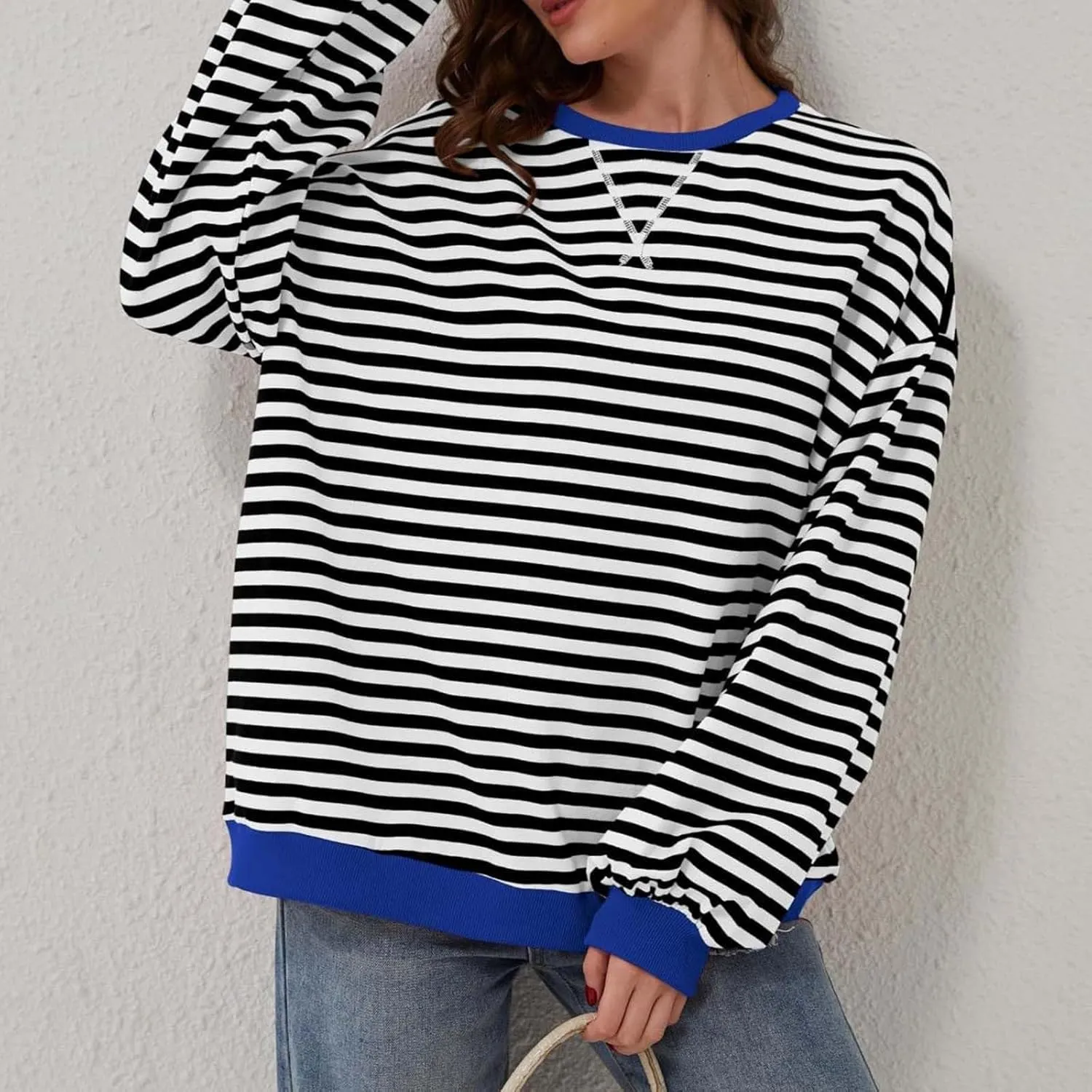 Generic Womens Oversized Striped Crew Neck Sweatshirt Color Block Long Sleeve Shirt Pullover Top Spring Fashion Y2k Clothes