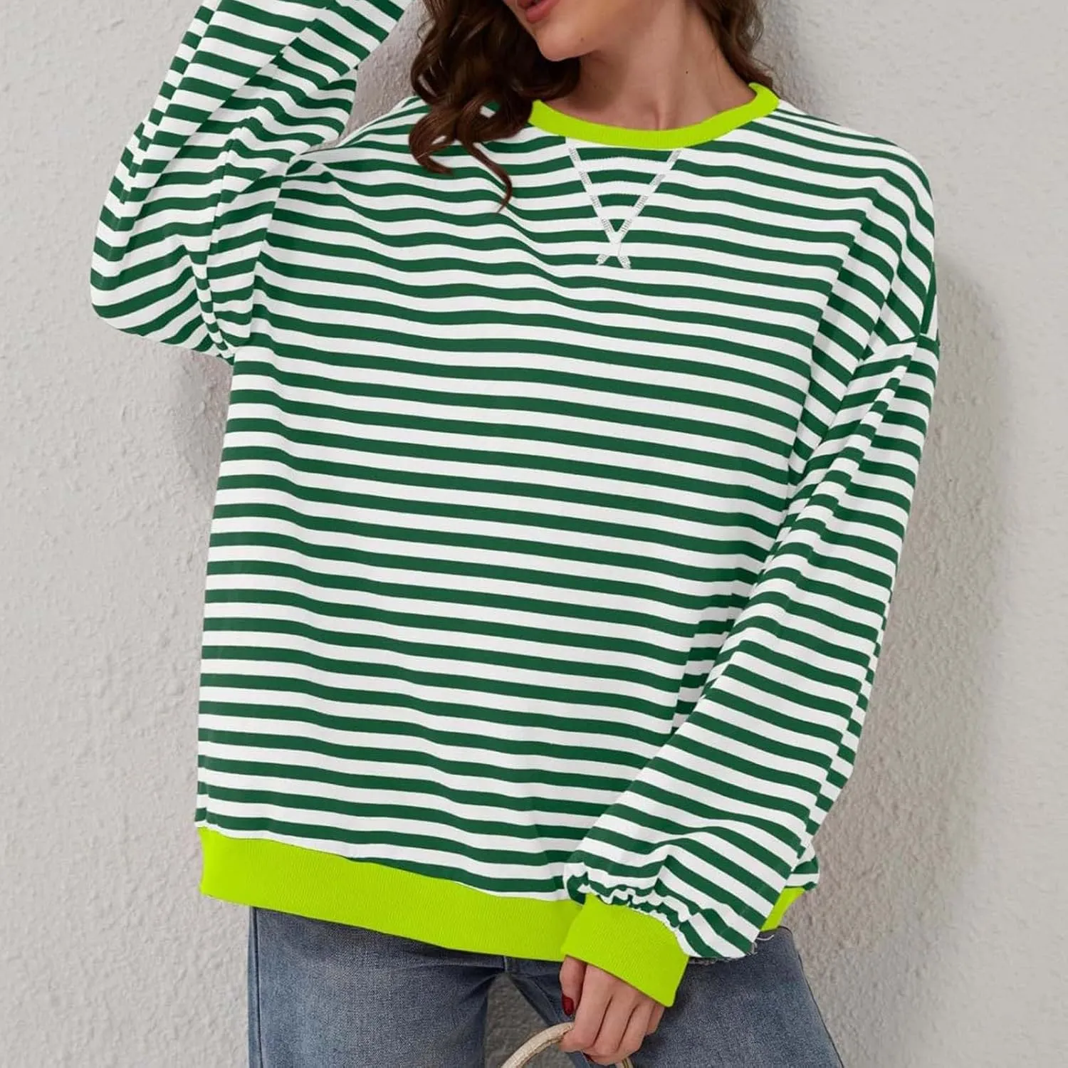 Generic Womens Oversized Striped Crew Neck Sweatshirt Color Block Long Sleeve Shirt Pullover Top Spring Fashion Y2k Clothes