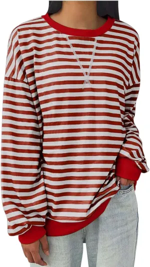 Generic Womens Oversized Striped Crew Neck Sweatshirt Color Block Long Sleeve Shirt Pullover Top Spring Fashion Y2k Clothes