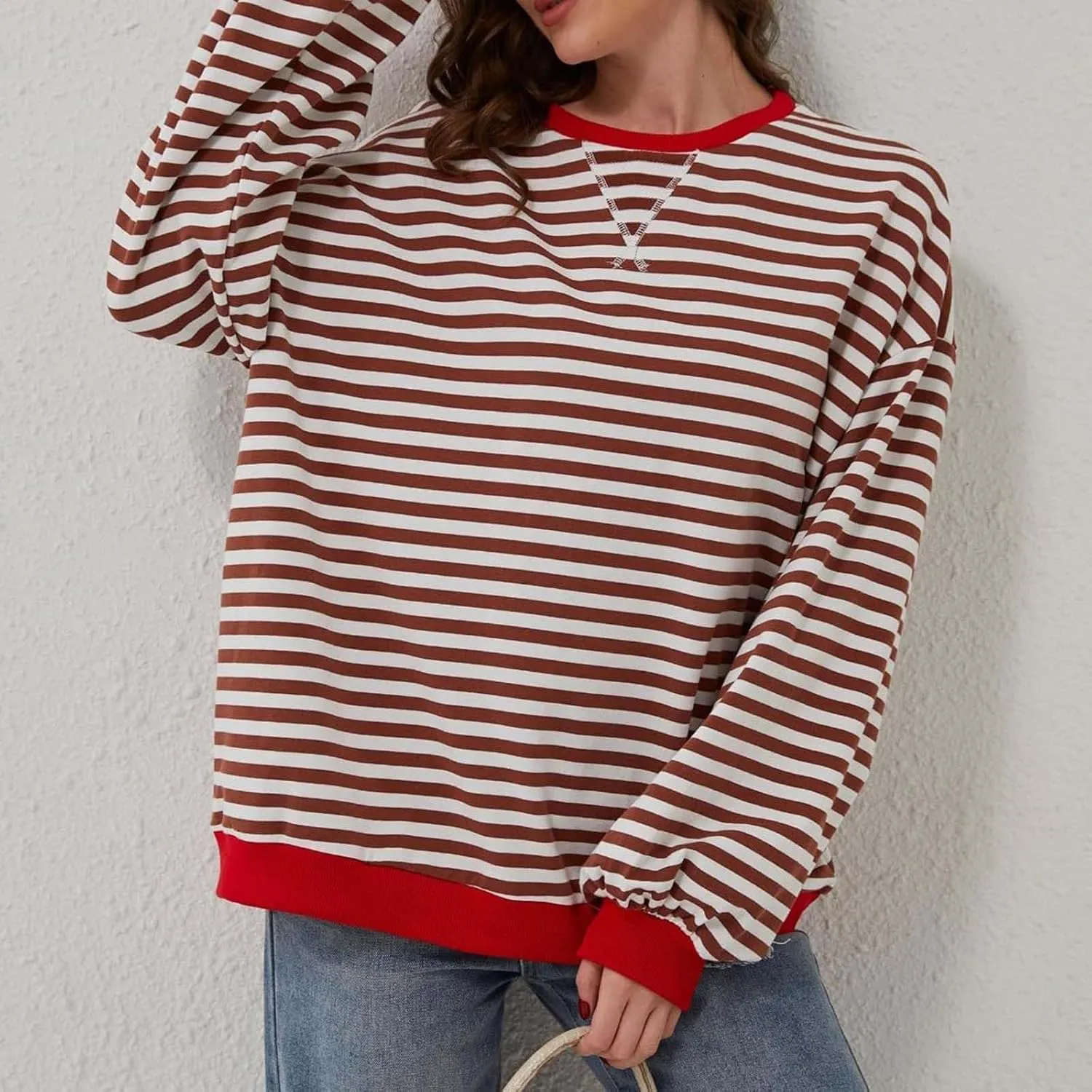 Generic Womens Oversized Striped Crew Neck Sweatshirt Color Block Long Sleeve Shirt Pullover Top Spring Fashion Y2k Clothes