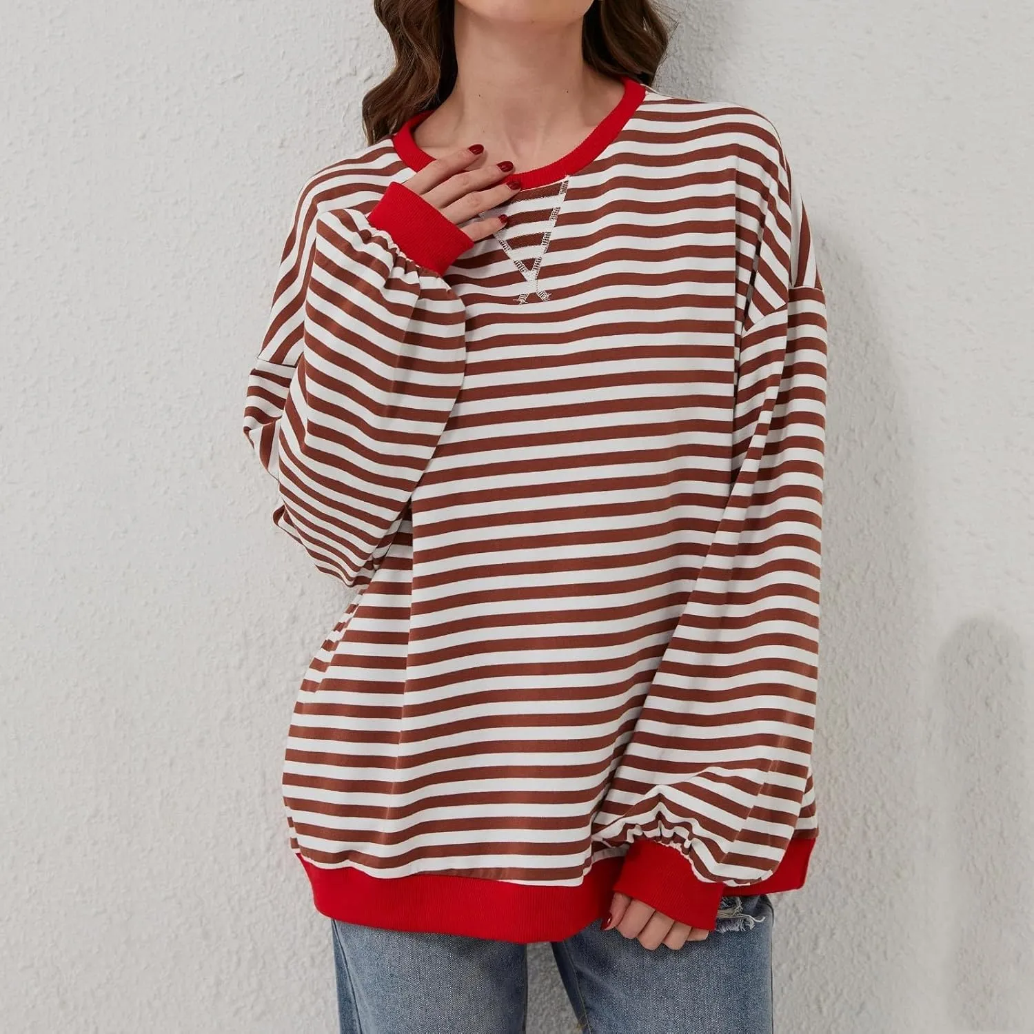 Generic Womens Oversized Striped Crew Neck Sweatshirt Color Block Long Sleeve Shirt Pullover Top Spring Fashion Y2k Clothes