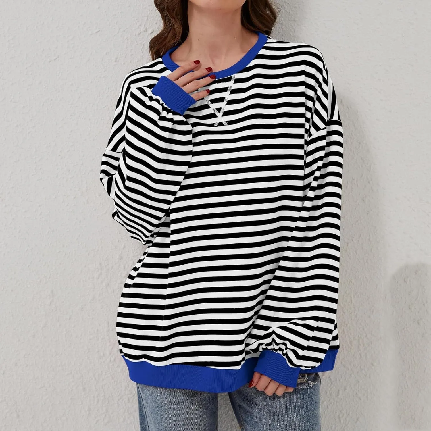 Generic Womens Oversized Striped Crew Neck Sweatshirt Color Block Long Sleeve Shirt Pullover Top Spring Fashion Y2k Clothes