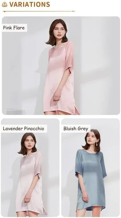 Ginell Women's 100% Silk Nightgown Short Sleeve Shirt Casual Dress and Night Shirt Lace, Silk Sleep Shirt