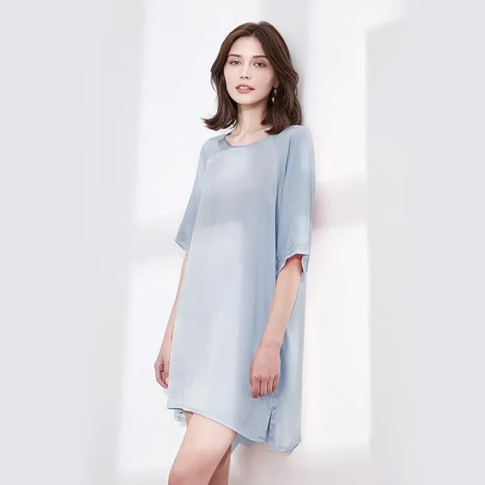 Ginell Women's 100% Silk Nightgown Short Sleeve Shirt Casual Dress and Night Shirt Lace, Silk Sleep Shirt