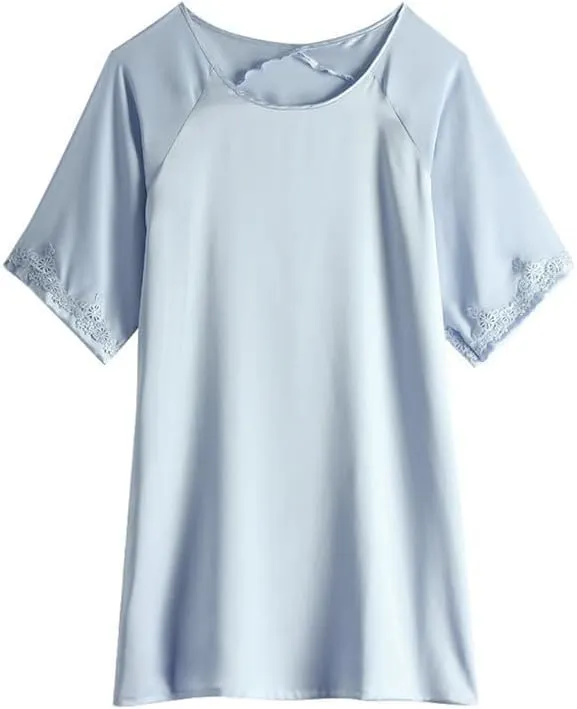 Ginell Women's 100% Silk Nightgown Short Sleeve Shirt Casual Dress and Night Shirt Lace, Silk Sleep Shirt