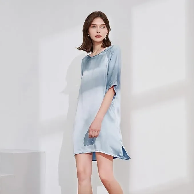 Ginell Women's 100% Silk Nightgown Short Sleeve Shirt Casual Dress and Night Shirt Lace, Silk Sleep Shirt