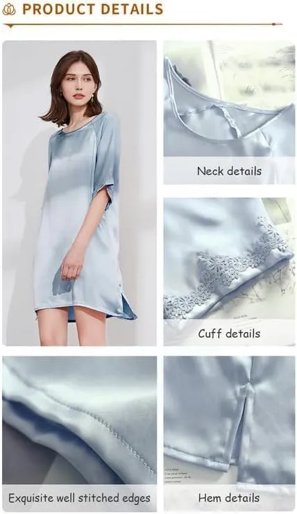 Ginell Women's 100% Silk Nightgown Short Sleeve Shirt Casual Dress and Night Shirt Lace, Silk Sleep Shirt