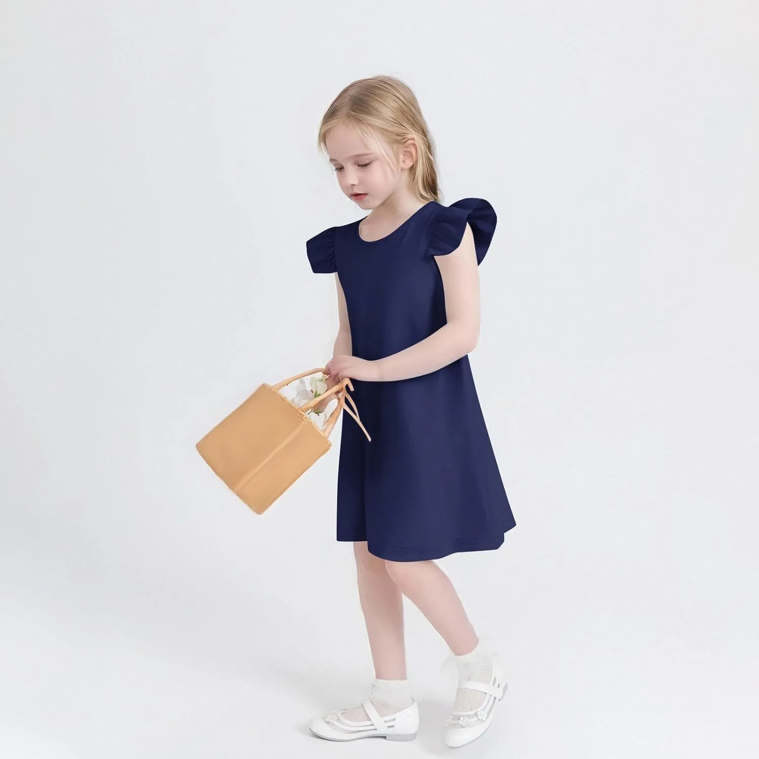 Girls Cute Summer Dress Fashion Ruffle Sleeve Mini Dresses Casual Round Neck Solid Color A Line Dress 4-13 Years