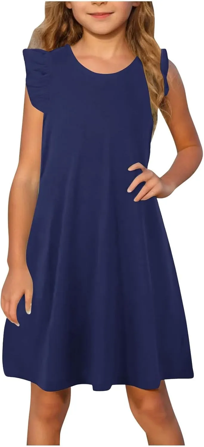 Girls Cute Summer Dress Fashion Ruffle Sleeve Mini Dresses Casual Round Neck Solid Color A Line Dress 4-13 Years