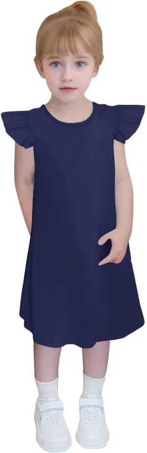 Girls Cute Summer Dress Fashion Ruffle Sleeve Mini Dresses Casual Round Neck Solid Color A Line Dress 4-13 Years