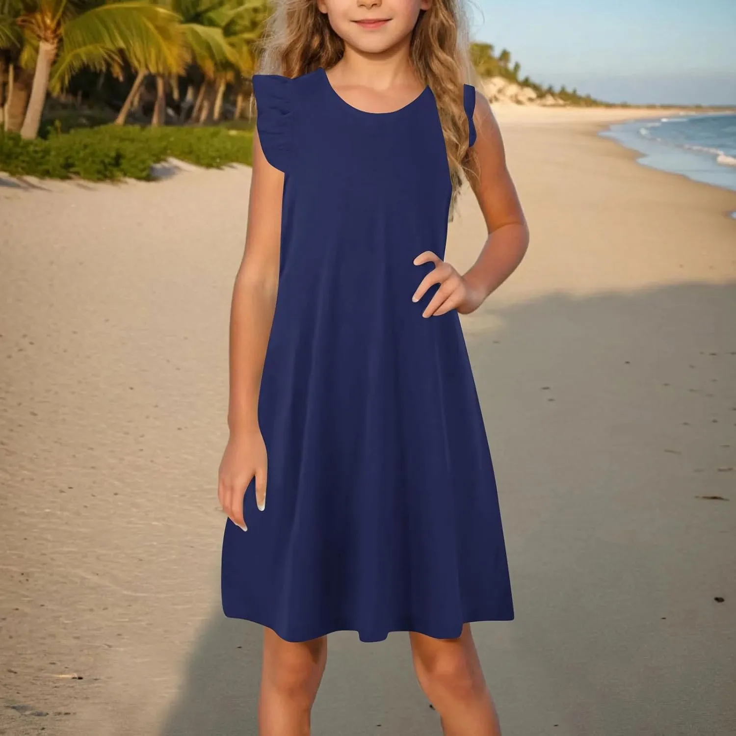 Girls Cute Summer Dress Fashion Ruffle Sleeve Mini Dresses Casual Round Neck Solid Color A Line Dress 4-13 Years