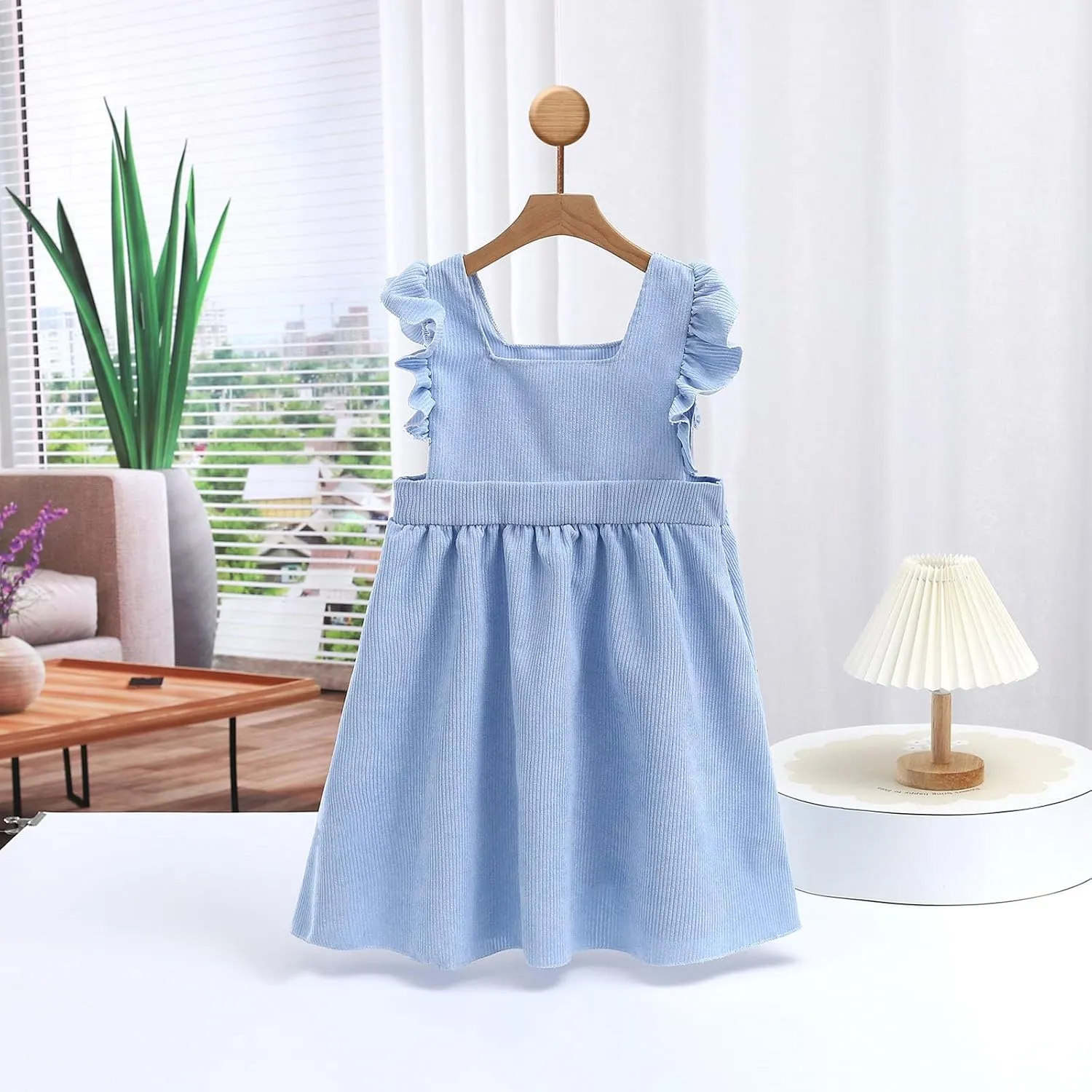 Girls Dresses Cute Ruffle Sleeveless Corduroy Mini Dress Fashion Cotton Square Neck A Line Mini Dresses 2-10 Years