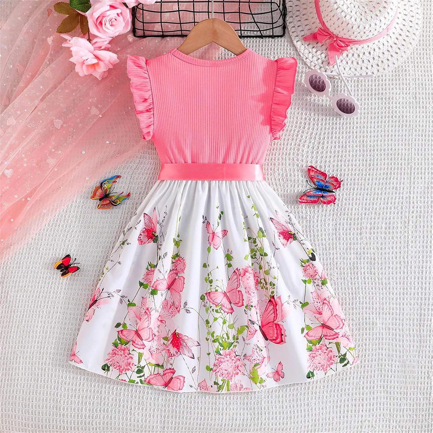Girls Summer Dress Cute Ruffle Sleeve Crewneck Floral Print Bow Waisted Dresses A Line Birthday Party Dress 3-8 Years