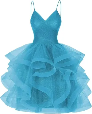 Glitter Short Prom Dress for Women Spaghetti Straps Tulle Tiered Ruffle Puffy Homecoming Cocktail Dresses