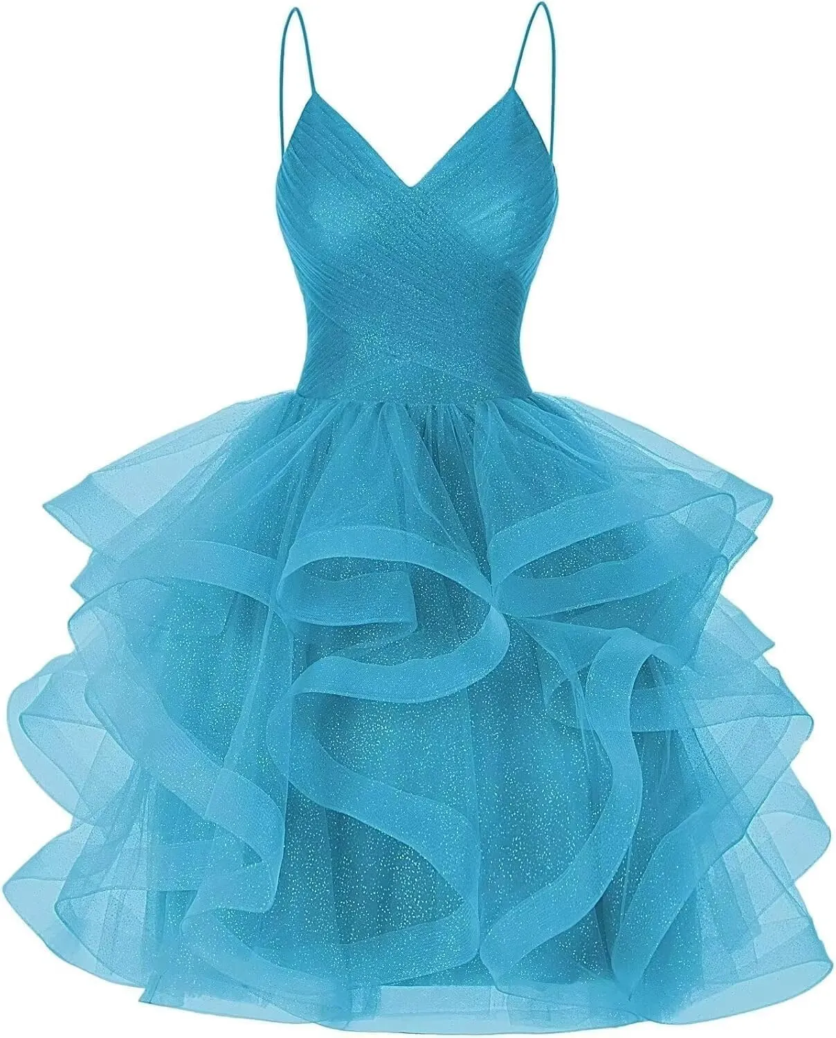Glitter Short Prom Dress for Women Spaghetti Straps Tulle Tiered Ruffle Puffy Homecoming Cocktail Dresses