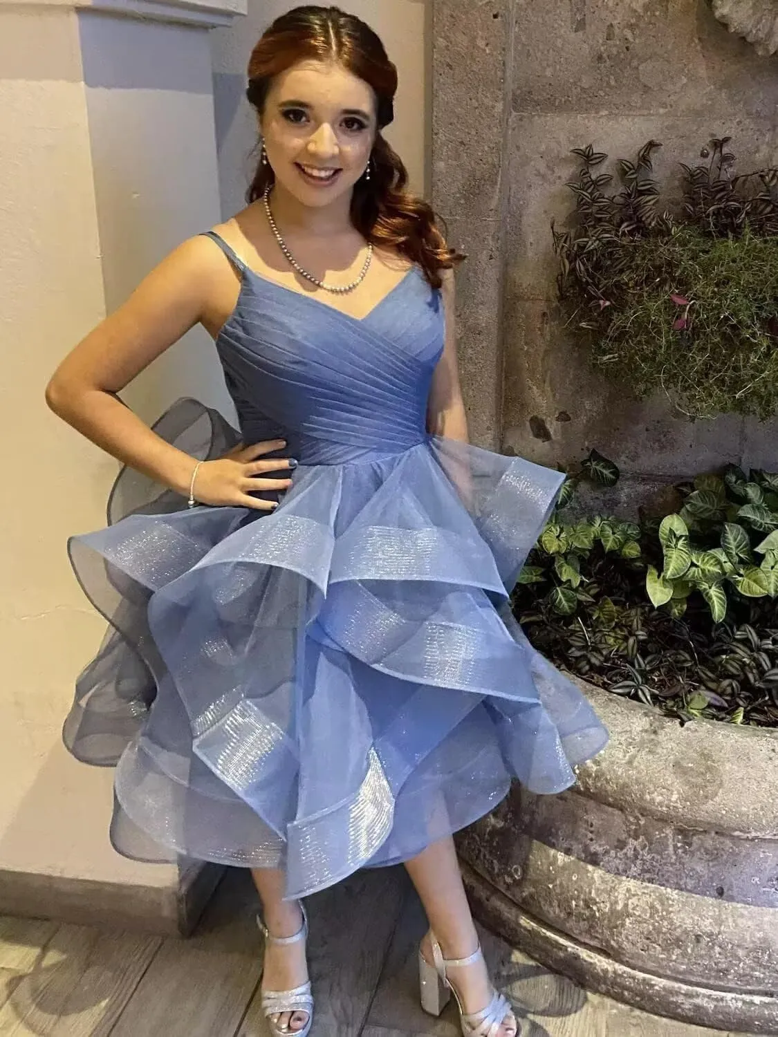 Glitter Short Prom Dress for Women Spaghetti Straps Tulle Tiered Ruffle Puffy Homecoming Cocktail Dresses