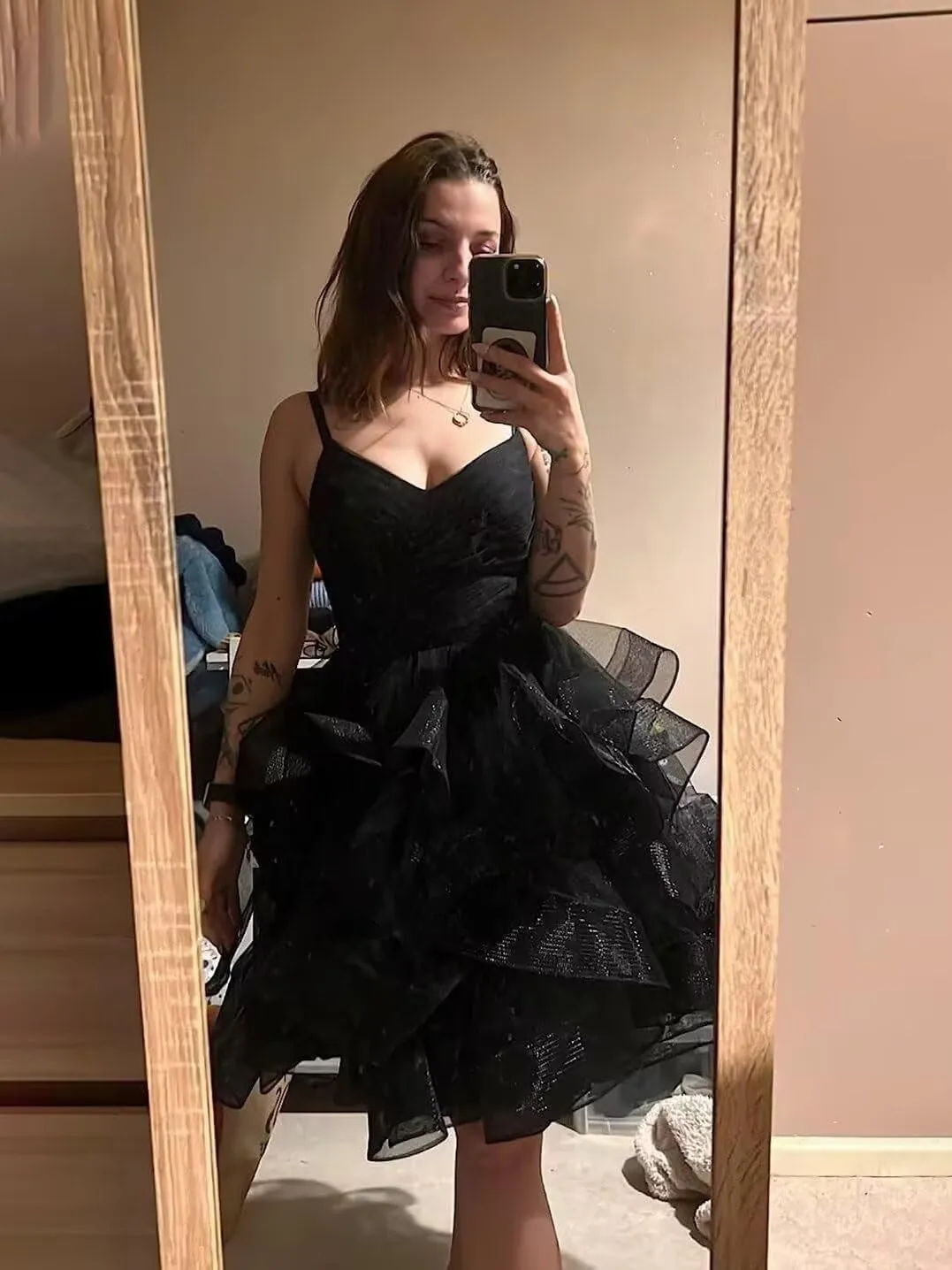 Glitter Short Prom Dress for Women Spaghetti Straps Tulle Tiered Ruffle Puffy Homecoming Cocktail Dresses